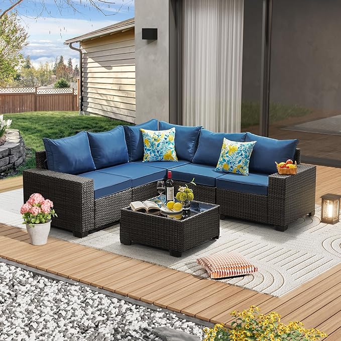 6 Pieces Patio Furniture Set All-Weather Outdoor Wicker Sectional Conversation Sofa Rattan Patio Seating Sofa with Cushion and Glass Table for Porch Poolside,Navy