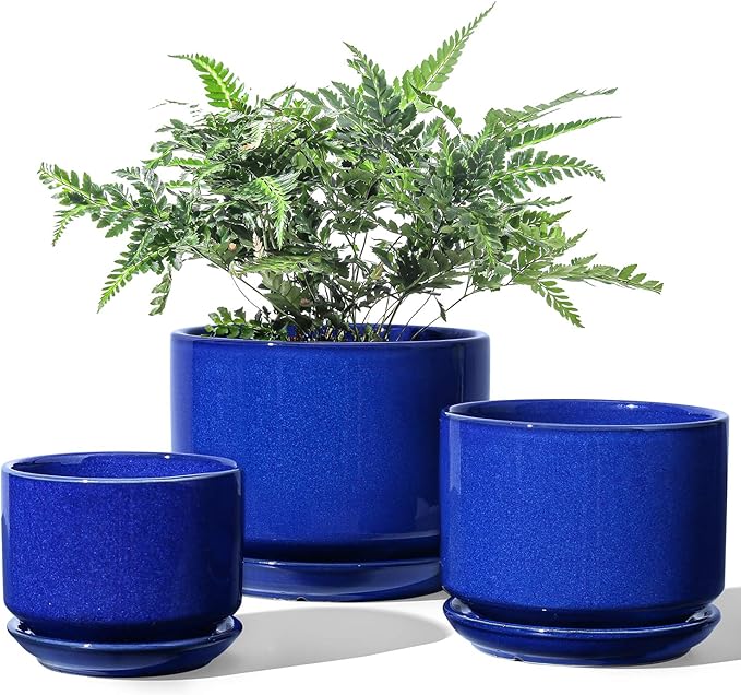 LE TAUCI Ceramic Plant Pots, 4.3+5.3+6.8 inch, Set of 3, Planters with Drainage Hole and Saucer, Indoor Flower Pot with Hole Mesh Pad, Gifts for Mom, Sapphire Blue
