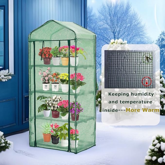 Mini Greenhouse for Indoor Outdoor,Plant Green House 4-Tier Rack Stand Portable Greenhouses with Durable PE Cover for Seedling, 2.5x1.6x5.2 FT Ideal Gardening Gifts for Women Men(PLGH704G)