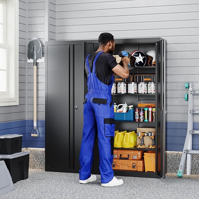 Yizosh Metal Garage Storage Cabinet with 2 Doors and 4 Adjustable Shelves - 71" Steel Lockable File Cabinet,Locking Tool Cabinets for Office,Home,Garage,School,Gym