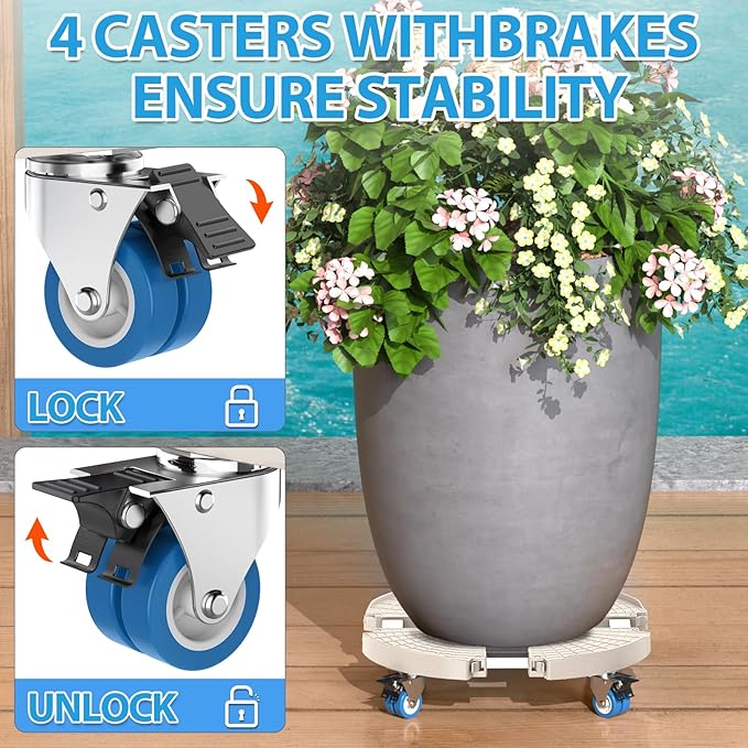 VANCASTLE Plant Caddy with Lockable Wheels Heavy Duty 450lbs Capacity, 15-22 Inch Adjustable Plant Stand with Wheels Rolling base, Plant Dolly for Flower Pot Mover Indoor Outdoor, Beige, 1 Pack