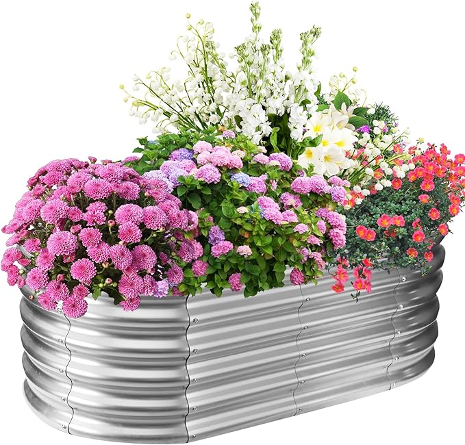 17" Tall Elevated Oval Metal Raised Garden Bed - 4ft x 2ft in Size and 0.8MM Thick Durable Planter Bed/Box for Vegetables Flowers Succulent at Patio/Garden Outdoor (Silver, 4X2X1.4 FT)