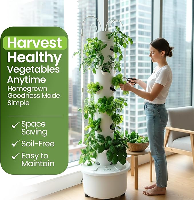 GX Hydroponic Tower | Vertical Planter Tower | Hydroponics Growing System Kit | Food Grade with 24 Net Pots (with LED Grow Lights)