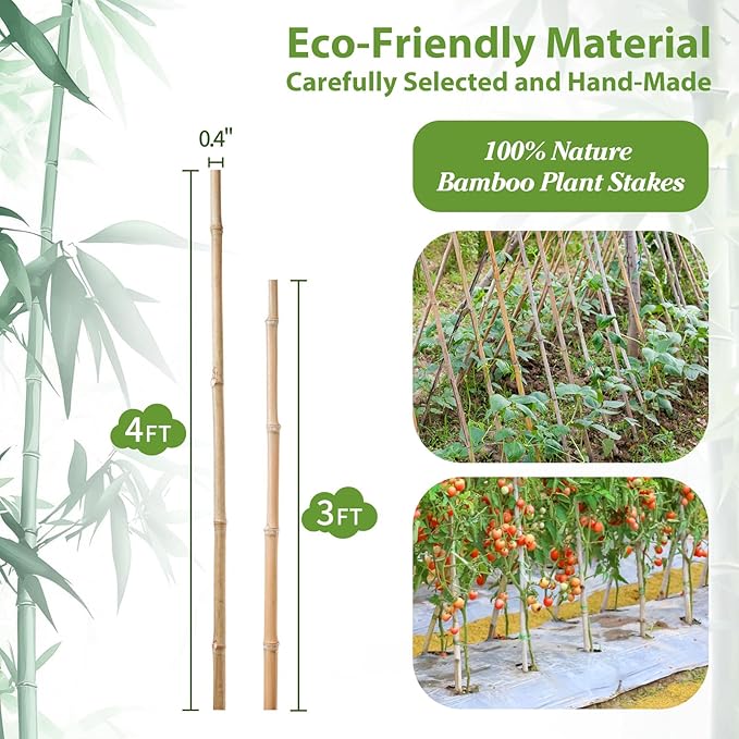 Plant Stakes, 4FT Natural Bamboo Garden Stakes, 25Pcs Bamboo Plant Stakes,Bamboo Sticks for Tomato,Beans,Vegetable and Climbing Plants