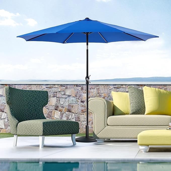 OLIXIS 9ft Patio Umbrella with Tilt and Crank Button & 8 Sturdy Ribs Waterproof, Patio Table Umbrella Perfect for Poolside, Terrace, Beach and Outdoor Restaurant, Blue