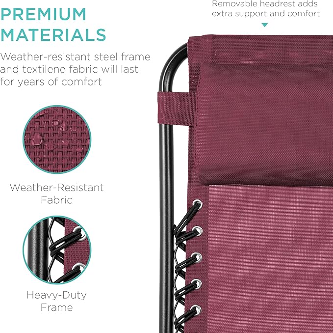 Best Choice Products Set of 2 Adjustable Steel Mesh Zero Gravity Lounge Chair Recliners w/Pillows and Cup Holder Trays - Burgundy