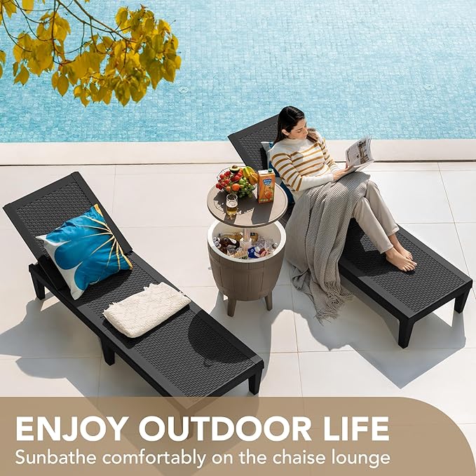 Devoko Outdoor Chaise Lounge Chair Set of 2 for Outside Pool Patio, Adjustable Waterproof Easy Assembly Chaise Lounge Outdoor (Black, Set of 2)