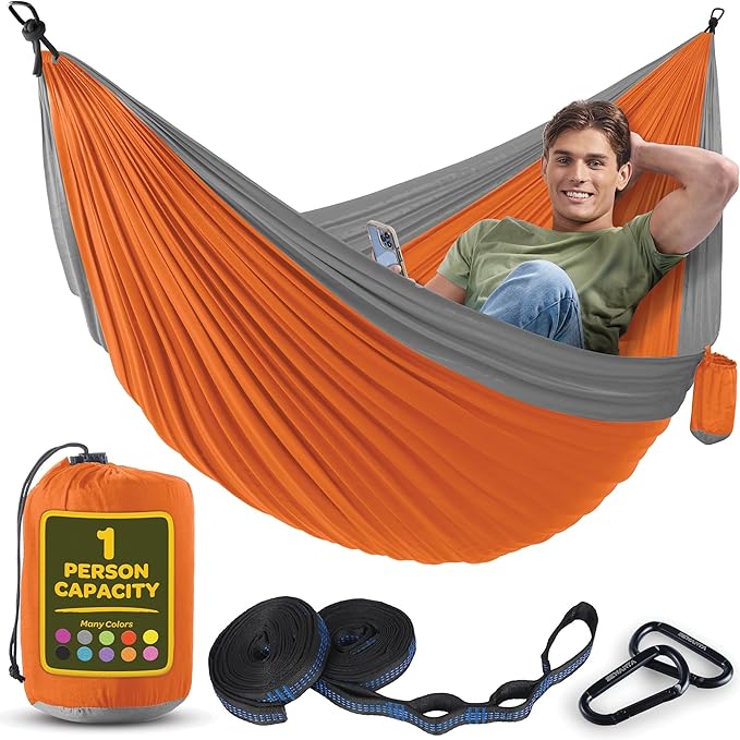 Durable Hammock 400 lb Capacity, Nylon Camping Hammock Chair - Double or Single Sizes w/Tree Straps and Attached Carry Bag - for Travel/Backpacking/Beach/Backyard (Medium, Orange & Light Grey)