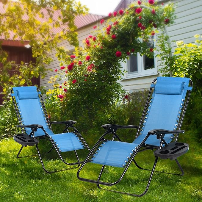 Nazhura Set of 2 Relaxing Recliners Patio Chairs Adjustable Steel Mesh Zero Gravity Lounge Chair Beach Chairs with Pillow and Cup Holder (Sky Blue)