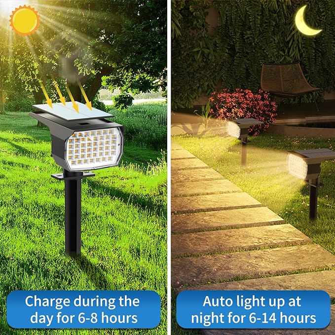 Solar Spot Lights Outdoor 2 Pack, [46 LED/3 Modes] Solar Landscape Spotlights Waterproof, 2-in-1 Auto On/Off Solar Powered Lights for Outside Yard Garden Wall Pathway(Warm White)