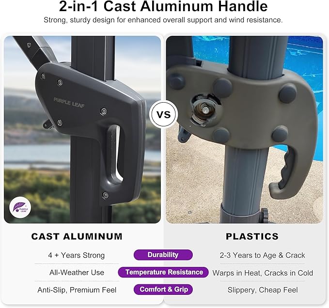 PURPLE LEAF 8 FT Outdoor Umbrella with Base Patio Cantilever Aluminum Umbrella with 3 Years Fade Resistance Recycled Fabric Offset Square with 360-degree Rotation for Deck Garden, Pebble Grey