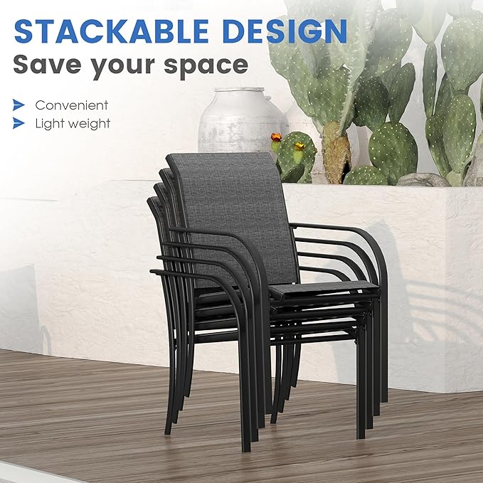 VICLLAX Large Patio Dining Furniture Set, Outdoor Dining Set for 10-60" Round Outdoor Table and Patio Stackable Chairs, Grey Tabletop and Dark Grey Fabric