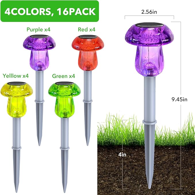 Solar Lights Outdoor, 16 Pack Mushroom Lights Outside Waterproof, Solar Powered LED Lighting for Garden, Yard, Landscape, Path, Pathway, Lawn, Walkway, Driveway, Backyard Decor (Multicolor)