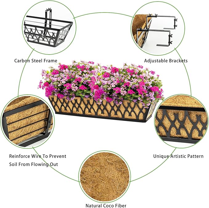 2 Pack 24 Inch Window Boxes Planters Railing Planter Box with Adjustable Brackets for Porch Fence Patio Balcony Hanging Flower Baskets with Coco Liners for Outdoor Garden Décor - Black