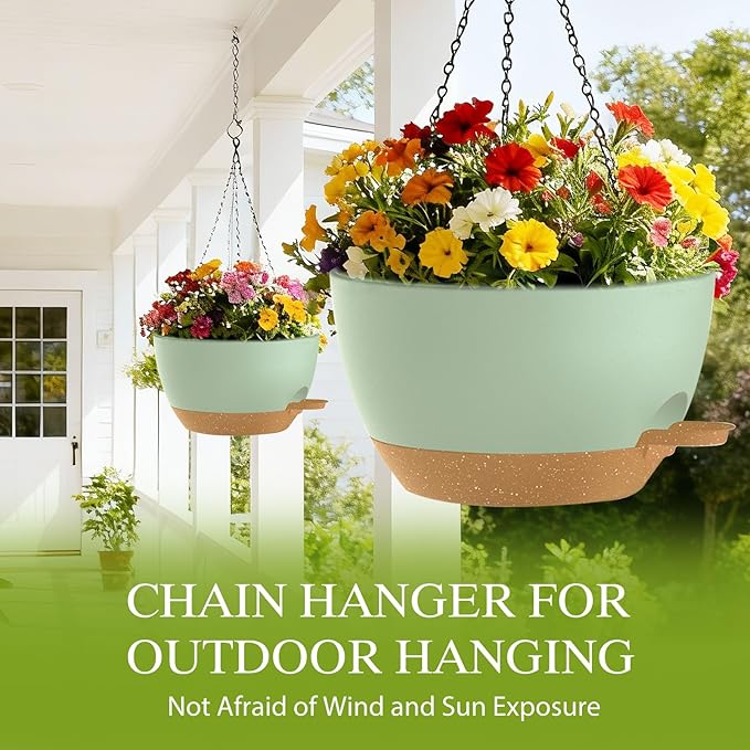 10 Inch Hanging Baskets 2 PC with Chains, Self-Watering Hanging Planters for Indoor Outdoor Plants, Plastic Hanging Flower Pots,Green Brown
