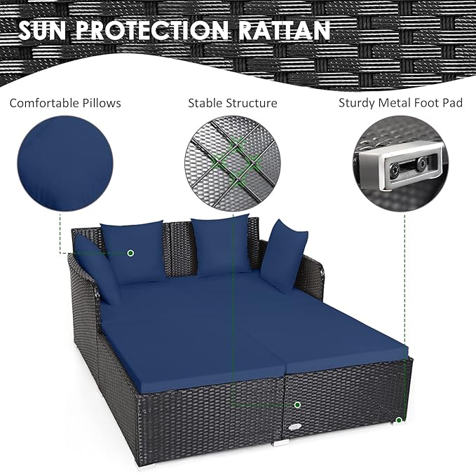 Tangkula Outdoor Rattan Daybed, Sunbed Wicker Furniture w/Spacious Seat, Upholstered Cushion & High-Resilience Sponge, Wicker Patio Sofa Set w/Extra Pillows for Courtyard Poolside (Navy)