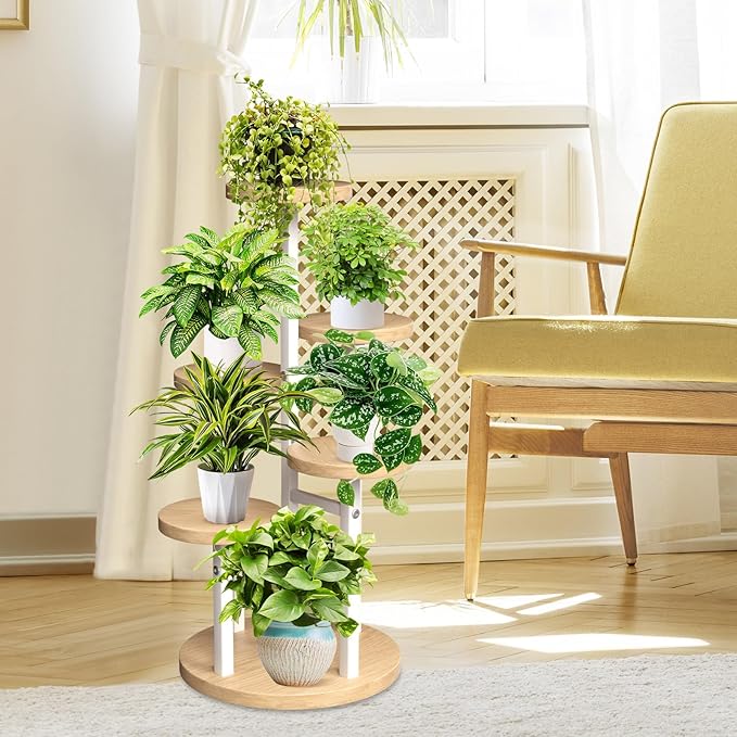 GEEBOBO 5 Tier Plant Stand Indoor, Metal Wood Plant Stands For Indoor Plants Multiple, Corner Tiered Flower Plants Shelf Stand for Living Room Bedroom, White