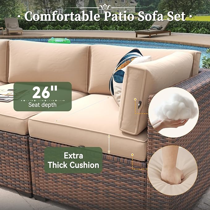 Aoxun 8 Piece Patio Furniture Set with 44” Fire Pit Table Wicker Rattan Outdoor Sectional Sofa Set with Coffee Table and Thickened Cushions, Beige (Waterproof Cover Included)
