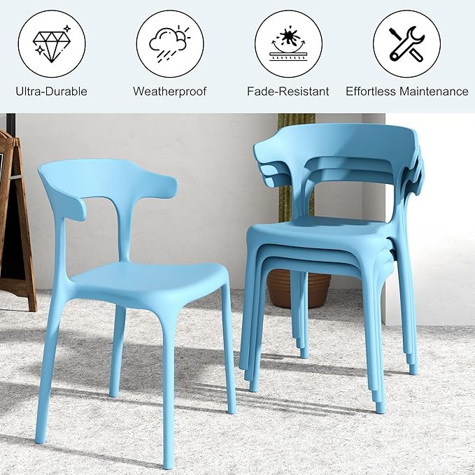VECELO 4 Pack Plastic Stacking Chairs, Stackable Dining Chairs for Kitchen Restaurant Patio, Portable Indoor Outdoor Use, No Assembly Required, Blue