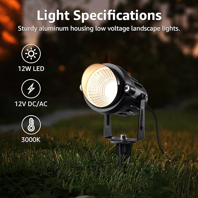 SUNVIE 12 Pack Low Voltage Landscape Lights with 300W Transformer 12-24V LED Landscape Lighting Kit 3000K Waterproof Aluminum Landscape Spotlights with Wire Connectors for House Yard Tree Garden