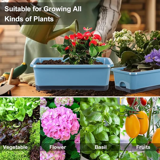 Window Box Planter 6 Pcs, 17 Inches Rectangle Flower Pots with Drainage Holes and Trays, Vegetable Planters for Windowsill Patio Garden Balcony Home Indoor Outdoor (Blue, 18 * 10 * 6 inch)