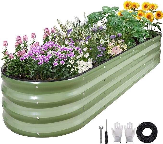 Galvanized Raised Garden Bed - 8×2×1ft Planter Raised Beds for Gardening | Oval Metal Garden Planter Box with Safety Edging and Bracing Rods for Vegetables Fruits and Flowers Oliver Green