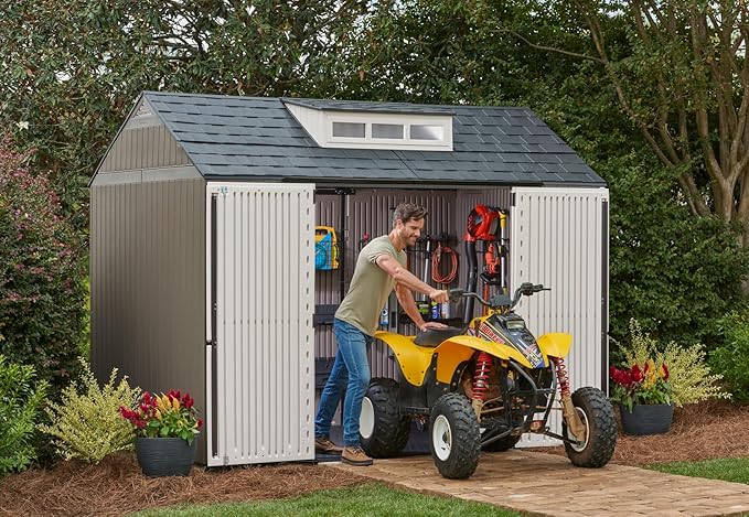Rubbermaid Extra Large Resin Outdoor Storage Shed With Floor (7 x 10.5 Ft.) Weather Resistant Brown Organization for Home/Lawn Mower/Backyard Equipment/Bike Storage/Pool Supplies