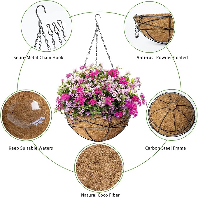 2 Pack 12 Inch Hanging Planters for Outdoor Plants Metal Watering Flower Baskets with Coco Liner for Hanging Pot Round Plant Holders Planter for Outside Garden Decor