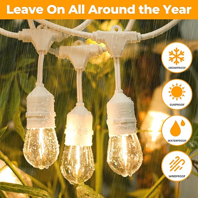 96FT(48×2) Outdoor String Lights, Commercial Grade Heavy Duty White Wire Patio Light with Dimmable S14 Shatterproof LED Bulbs, Linkable Waterproof Bistro Lights for Outside Deck Backyard Cafe Market
