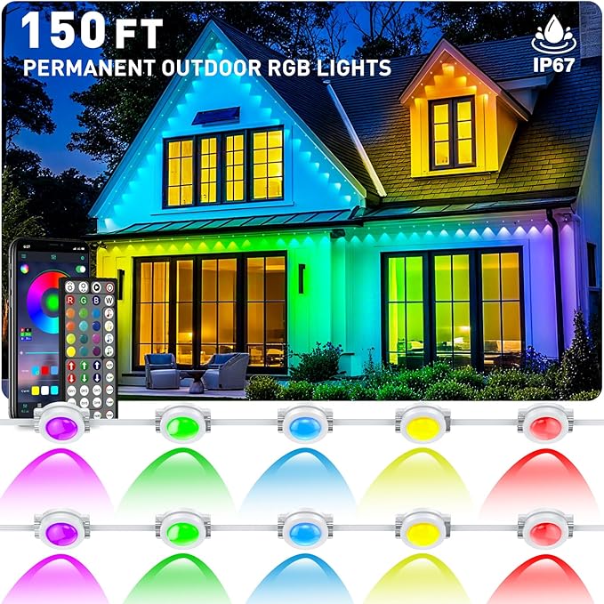 150FT Permanent Outdoor RGB Lights - Waterproof Smart LED Eaves Lights with App/Remote Control, Music Sync & DIY Scenes, Perfect for Christmas, Halloween, Parties & Daily Decor, Ideal for House Roof
