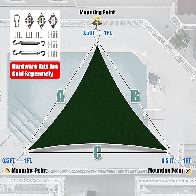 Amgo Custom Size 23' x 23' x 23' Green Triangle Sun Shade Sail UPF50+ AGTAPRT12, Order to Make Canopy Awning, 95% UV Blockage, Water & Air Permeable, Commercial Standard (We Customize)