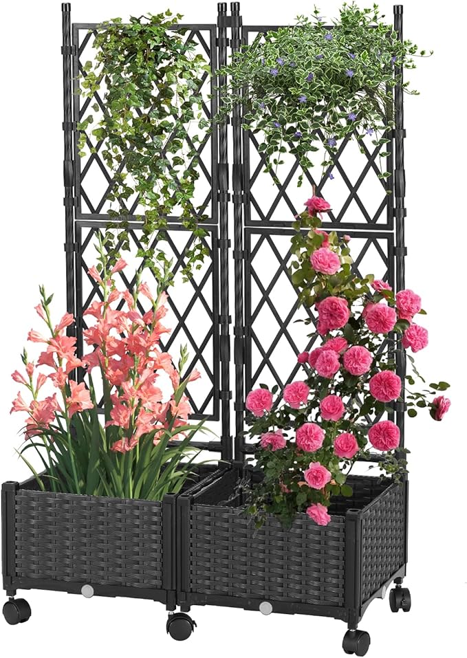 Raised Garden Beds with Screen Outdoor, Garden Trellis for Climbing Plants Indoor, Raised Privacy Planter Box with Trellis for Balcony Backyard Patio, Black, 2 Pcs