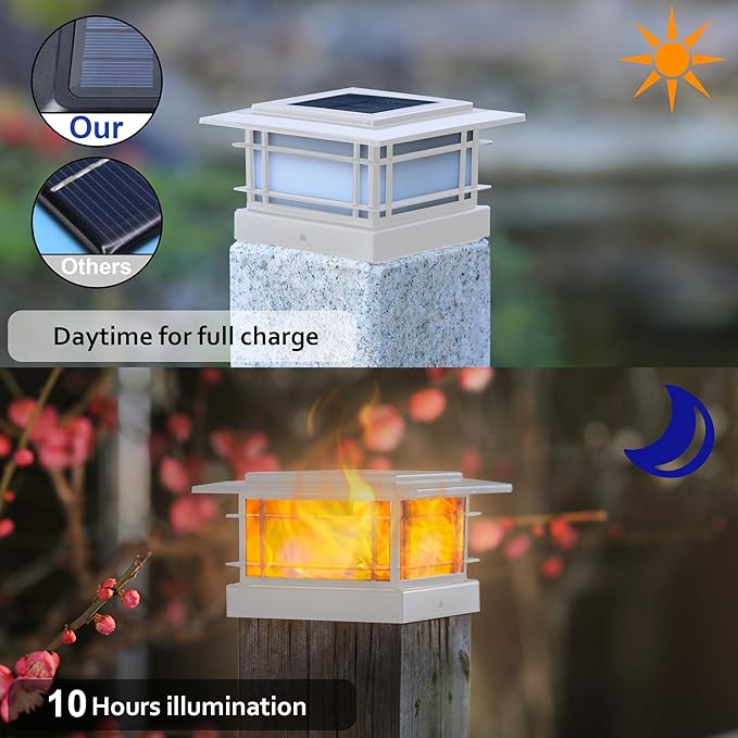 Dynaming 6 Pack Solar Post Cap Lights Outdoor with Flickering Flame Light, White Shell Fence Post Solar Lights Fit 4x4 5x5 Vinyl/Wooden Posts, Brightness LED Lighting Decor for Garden Deck Patio