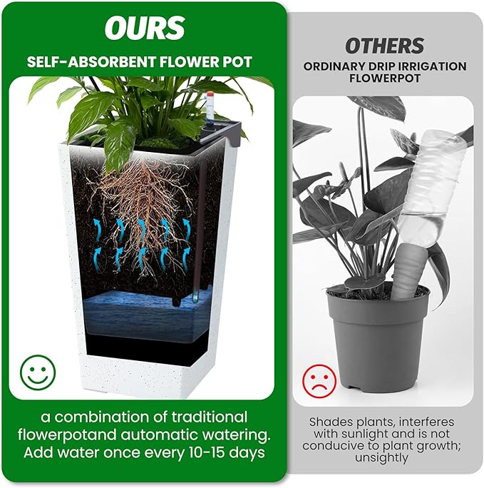 GarveeLife 22.5" Tall Planters Set of 2, Outdoor&Indoor Black Planter Pots, High Front Porch Planter Pots With Drainage Holes&Water Level Monitor&Inner Bucket, Automatic Watering, White and Black Dots