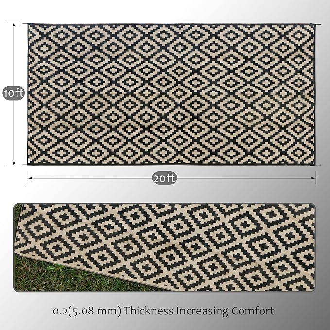 SAND MINE Waterproof Outdoor Rug 10x20 ft, Plastic Reversible Rug, Modern Area Rug, Large Floor Mat for Outdoors, RV, Patio, Backyard, Deck, Picnic, Beach, Camping, Black & Beige