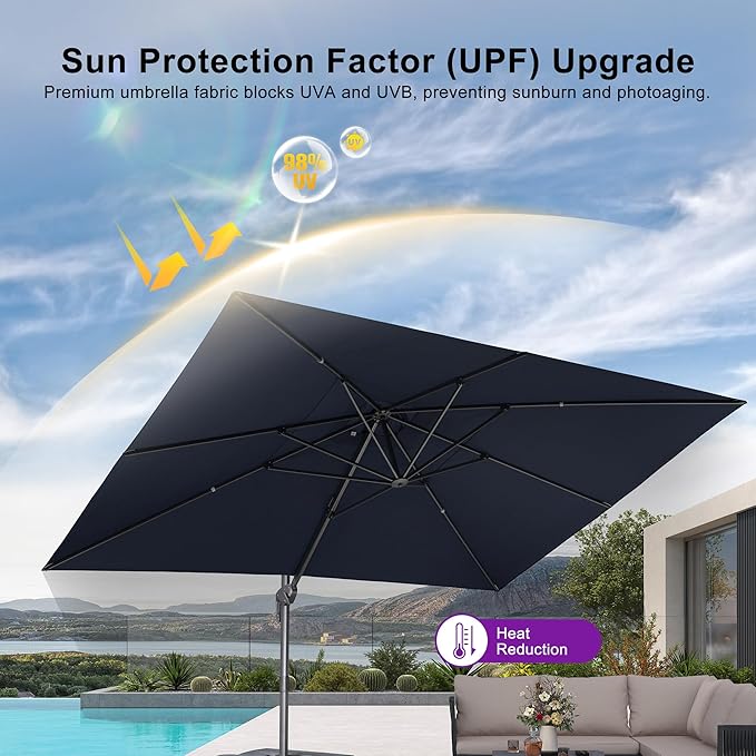 PURPLE LEAF 10' X 13' Rectangle Cantilever Umbrella with Base Outdoor Large Aluminum Patio Umbrella with 3-Year Fade Resistance Recycled Fabric and 360-degree Rotation for Deck Pool Garden,Ocean Slate