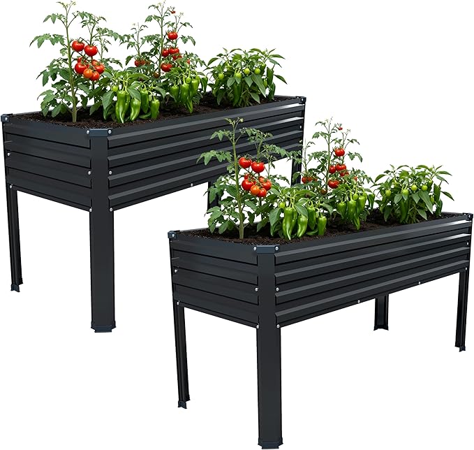 Vengarus Galvanized Raised Garden Bed Outdoor with Legs,48×18×30in Metal Elevated Raised Planter Box for Backyard, Patio, Balcony, 300lb Capacity,Black(2PCS)