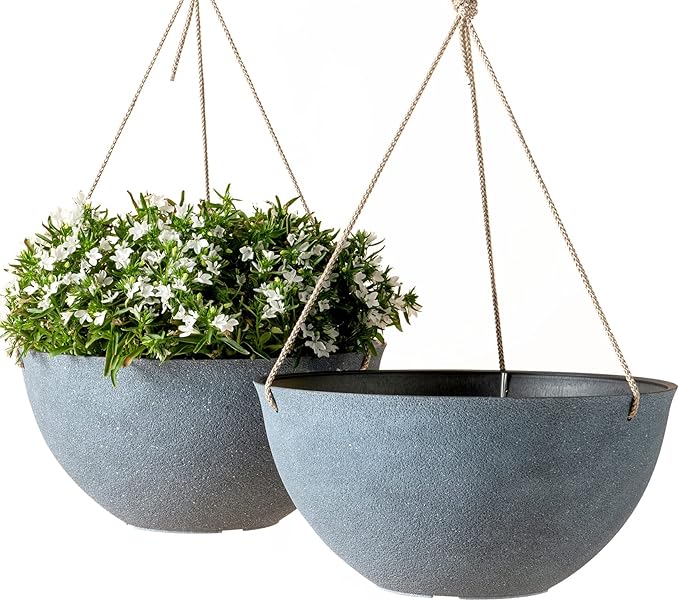 LA JOLIE MUSE Large Hanging Planters for Outdoor Plants - Hanging Flower Pots Weathered Gray (13.2 Inch, Set of 2)