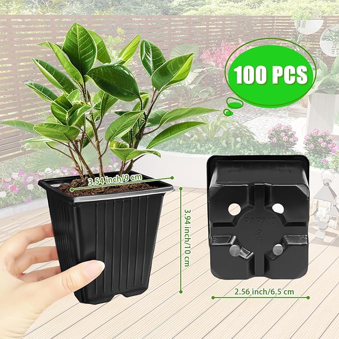 Anyumocz 100Pcs Square Plant Nursery Pots,3.5 Inch Plastic Pots with Drainage Holes,Reusable Seed Starter Pots for Flowers,Vegetables,Garden Planting,Transplanting,Succulents,Cuttings(Black)