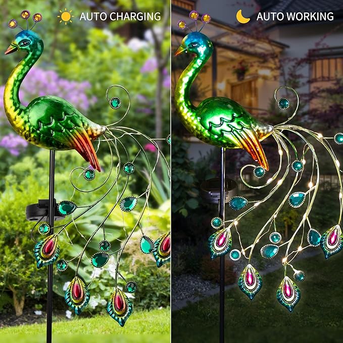 Glintoper Solar Garden Lights, 39 Inch Height Outdoor Metal Peacock Decorative Garden Stakes, Mothers Day Ideal Gifts, Waterproof Path Lights Lawn Stake Ornaments for Patio Pathway Yard Decoration