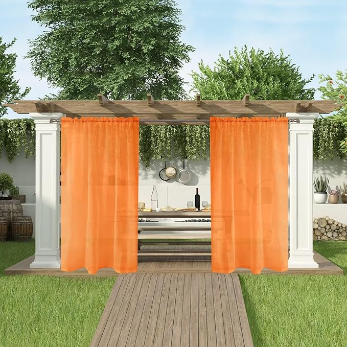 SpaceDresser Waterproof Outdoor Sheer Curtains for Patio - 2 Panels Rod Pocket Indoor Voile Sheer Curtain for Living Room,100W x 108L inch, Orange