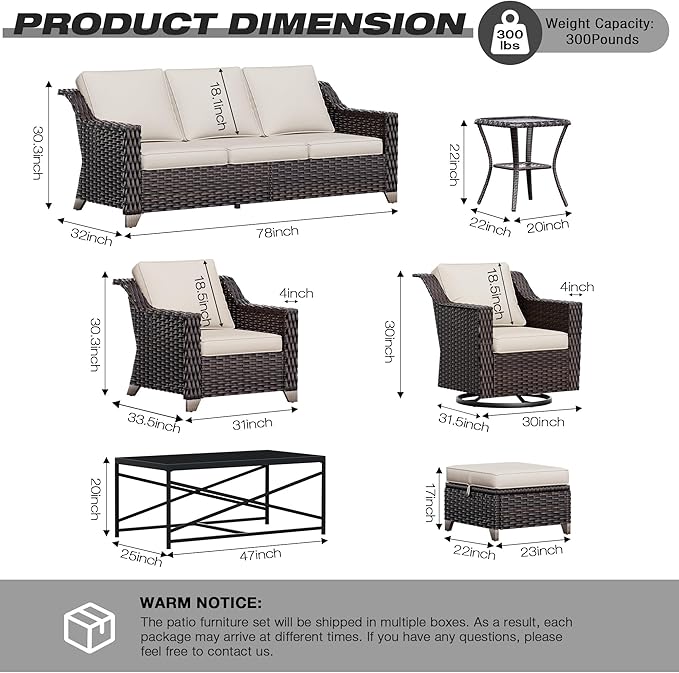 Joyside Wicker Patio Furniture Sets, 7 Pieces Upgraded Large Size Outdoor Furniture with Swivel Rocking Patio Chairs, 3-Seat Sofa, Outdoor Ottoman and Coffee Table, Thick Cushions, Wide Armrest