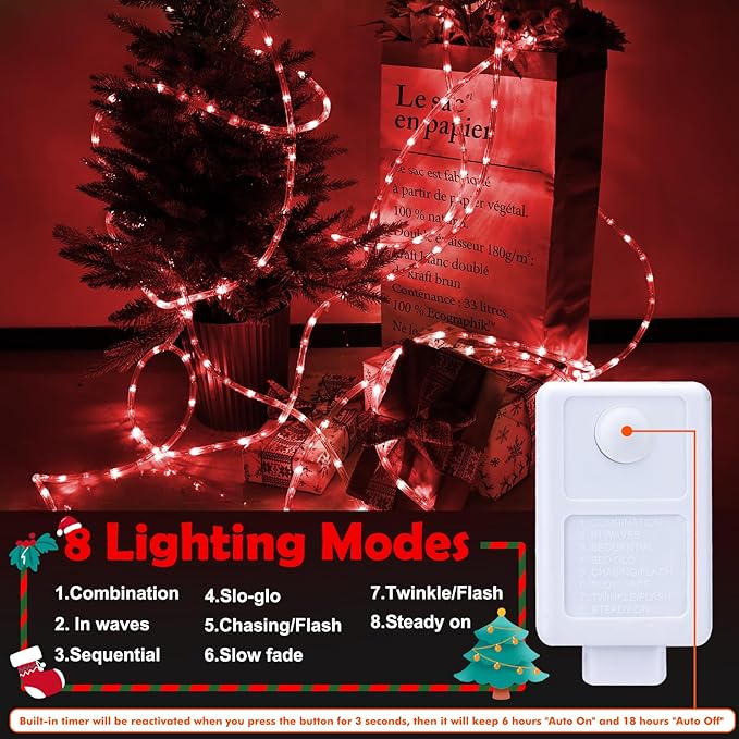 150ft LED Rope Lights Outdoor, 1080 LED Connectable and Flexible Tube Lights with 8 Modes, Waterproof LED Rope Lighting for Garden, Patio, Pool, Bedroom, Party, Indoor Outdoor Christmas Decor (Red)
