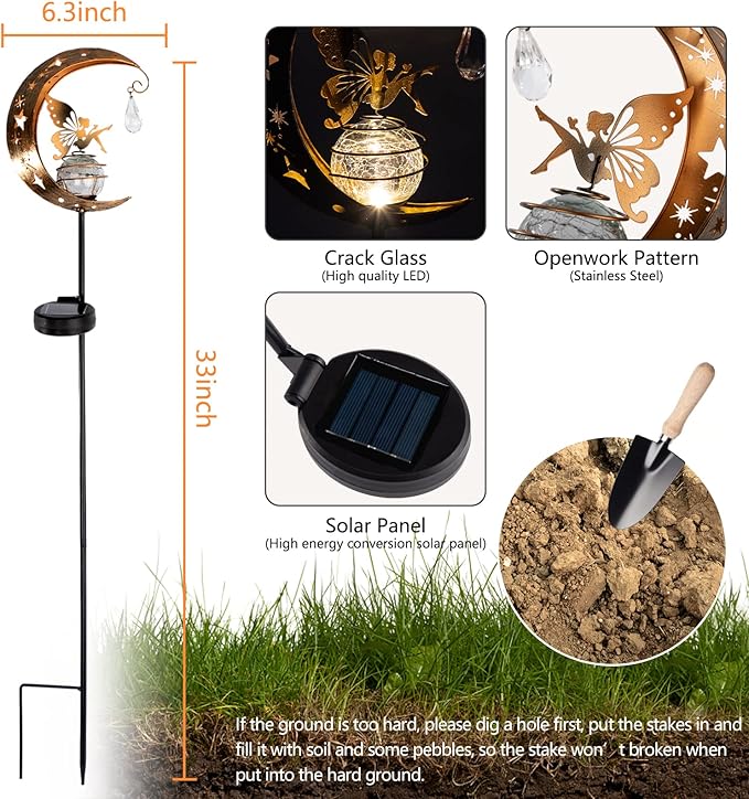 LICKLIP Moon & Fairy Garden Solar Stake Light Outdoor, Crackle Glass Globe With Metal Angle Stake, Waterproof Warm White LED, Decoration for Pathway Lawn Patio Courtyard Backyard (1 Pack)