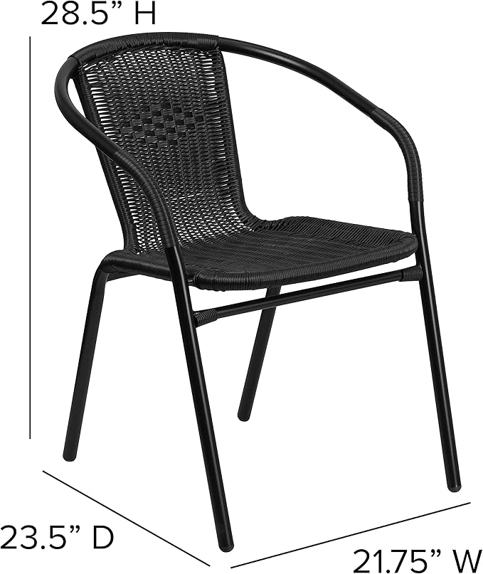 EMMA + OLIVER Set of 4 Modern Rattan Indoor/Outdoor Stack Chairs, Stacking Rattan Patio Chairs with Curved Back and Cross Bracing, Black