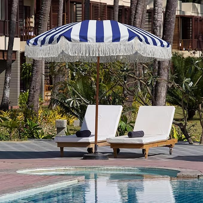 AMMSUN 7ft Patio Umbrella with Fringe Outdoor Tassel Umbrella UPF50+ Wood Color Steel Pole and Steel Ribs Push Button Tilt, Navy Stripe