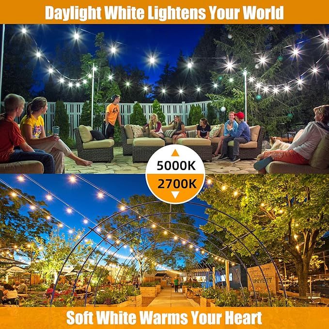96FT(48×2) Outdoor String Lights, Commercial Grade Heavy Duty White Wire Patio Light with Dimmable S14 Shatterproof LED Bulbs, Linkable Waterproof Bistro Lights for Outside Deck Backyard Cafe Market
