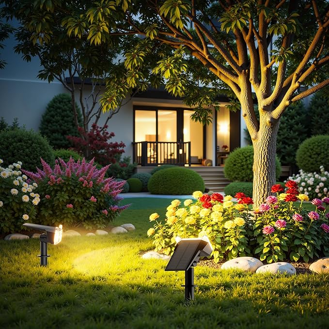 WdtPro Solar Lights Outdoor Waterproof, Solar Spot Lights Outdoor with Optical Lens, Auto ON/Off, 30H+ Runtime, Landscape Spotlights for Flag Yard Path Garden Tree, Warm White 4 Pack