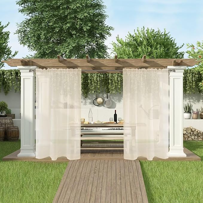 SpaceDresser Waterproof Outdoor Sheer Curtains for Patio - 4 Panels Rod Pocket Indoor Voile Sheer Curtain for Living Room,52W x 84L inch, Ivory