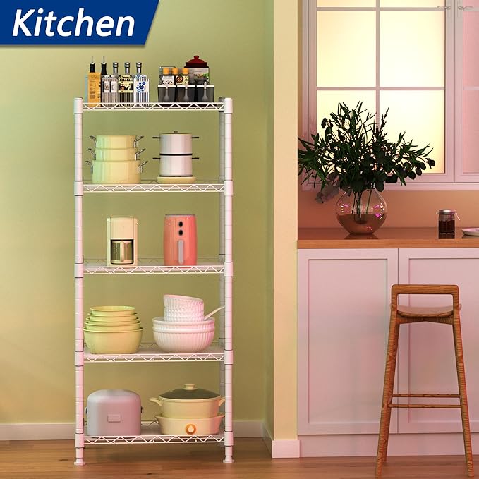 REGILLER 5-Wire Shelving Metal Storage Rack Adjustable Shelves,Standing Storage Shelf Units for Laundry Bathroom Kitchen Pantry Closet(White,11.8" D x 16.6" W x 53.5" H)